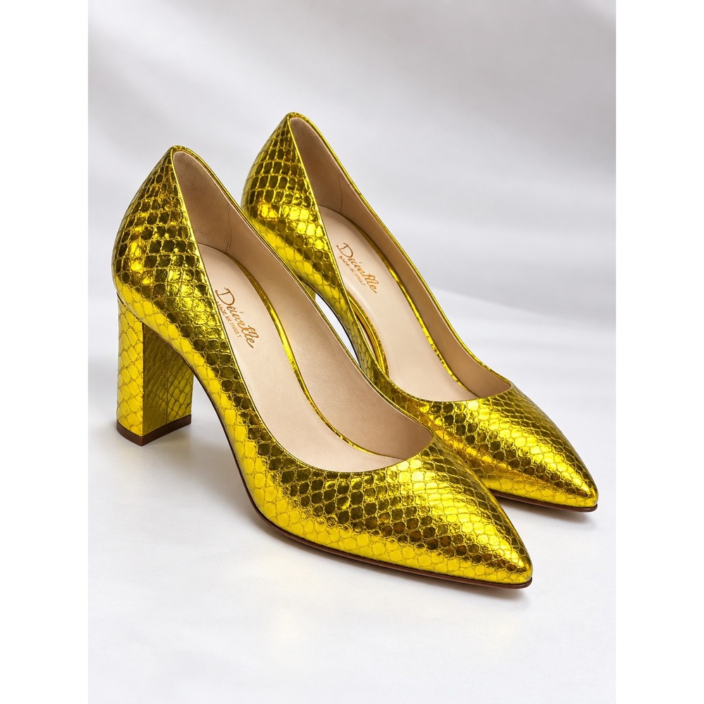 Deimille Italy Metallic Gold Snake Embossed Leather Pumps EU 38 US 8 Block Heel